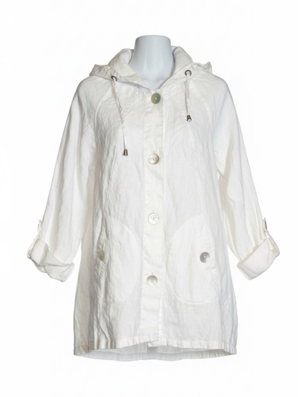 100% Linen Sigrid Olsen White Hooded Button-Front Lightweight Jacket